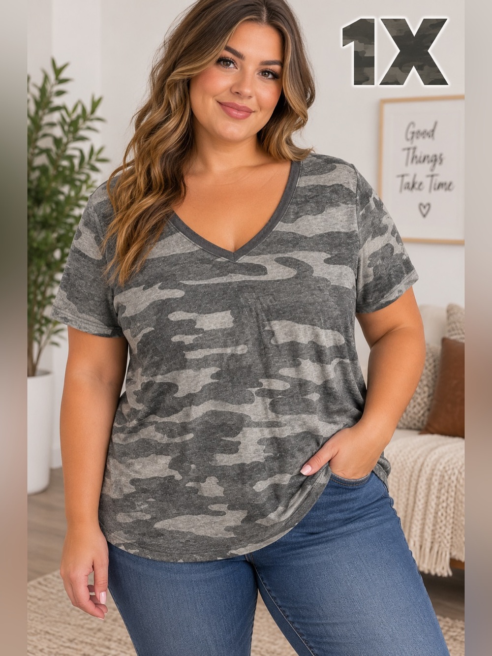 Lucky Brand Gray Camouflage V-Neck Tee SIE 1X